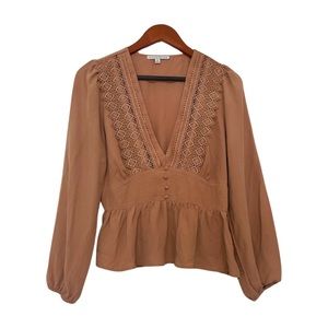 Boho Embroidered Deep V-Neck Blouse. Size Medium